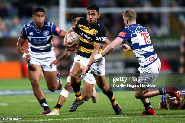 Stephen Perofeta of Taranaki makes a break during the round six Mitre 10 Cup match between Taranaki and Auckland at Yarrow Stadium on September 22,...