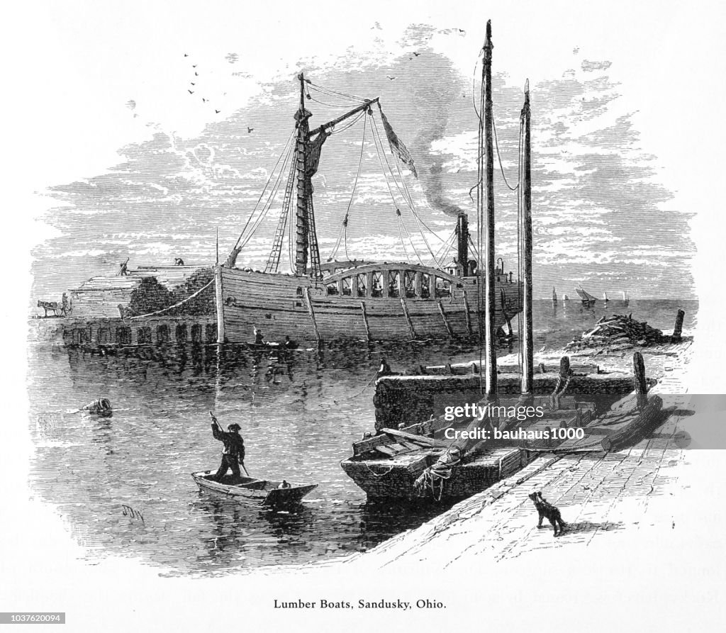 Lumber Boats, Sandusky, Ohio, United States, American Victorian Engraving, 1872