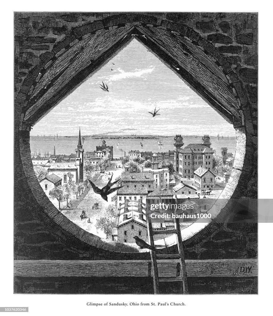 Glimpse of Sandusky, Ohio, United States from St. Paul’s Church, American Victorian Engraving, 1872