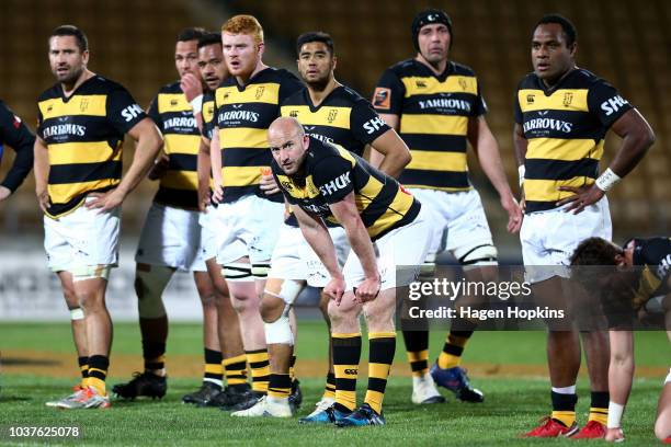 Taranaki players look on moments before the final whistle during the round six Mitre 10 Cup match between Taranaki and Auckland at Yarrow Stadium on...