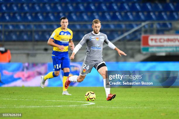 Ermedin Demirovic of Sochaux and Yohan Demoncy of Orleans during the Ligue 2 match between Sochaux and Orleans at Stade Auguste Bonal on September...