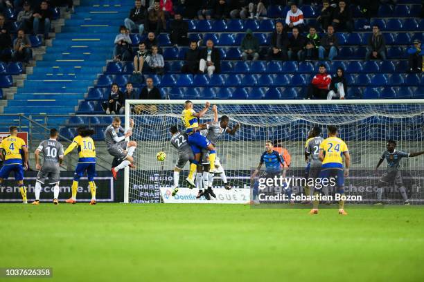 Gauthier Pinaud of Orleans, Olivier Verdon of Sochaux and Gabriel Mutombo of Orleans during the Ligue 2 match between Sochaux and Orleans at Stade...