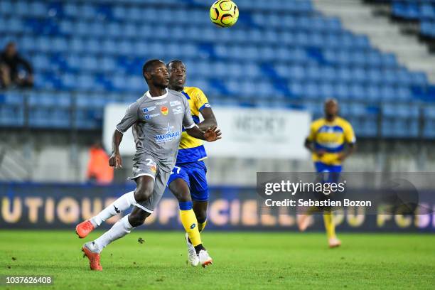 Joseph Lopy of Orleans and Elisha Owusu of Sochaux during the Ligue 2 match between Sochaux and Orleans at Stade Auguste Bonal on September 21, 2018...