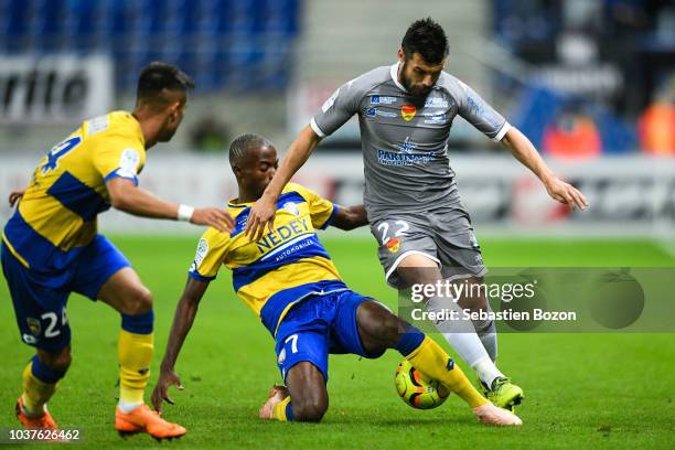 Magder Gomes of Sochaux and Gauthier Pinaud of Orleans during the Ligue 2 match between Sochaux and Orleans at Stade Auguste Bonal on September 21,...