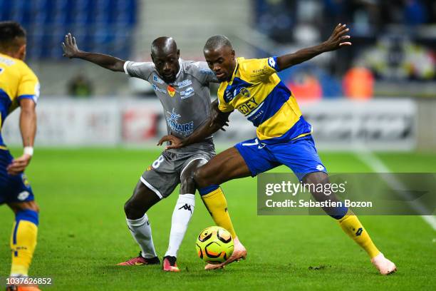 Ousmane Cissokho of Orleans and Magder Gomes of Sochaux during the Ligue 2 match between Sochaux and Orleans at Stade Auguste Bonal on September 21,...