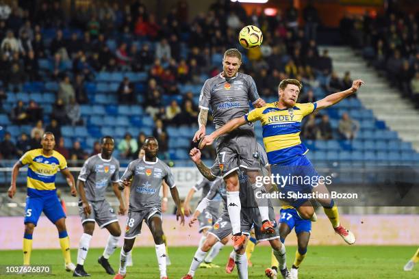 Pierre Bouby of Orleans and Thomas Robinet of Sochaux during the Ligue 2 match between Sochaux and Orleans at Stade Auguste Bonal on September 21,...