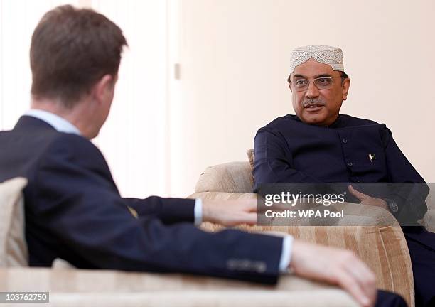 British Deputy Prime Minister Nick Clegg meets with Pakistan's President Ali Zardari during his visit to an airport town on September 1, 2010 in...