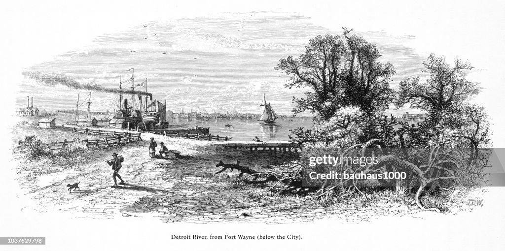 Detroit River van Fort Wayne onder de stad Detroit, Michigan, Verenigde Staten, Amerikaanse Victoriaanse gravure, 1872
