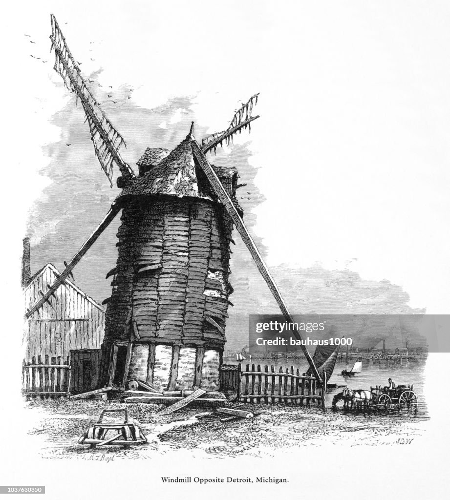Windmühle in Kanada gegenüber der Stadt von Detroit, Michigan, Vereinigte Staaten von Amerika, amerikanische viktorianischen Gravur, 1872