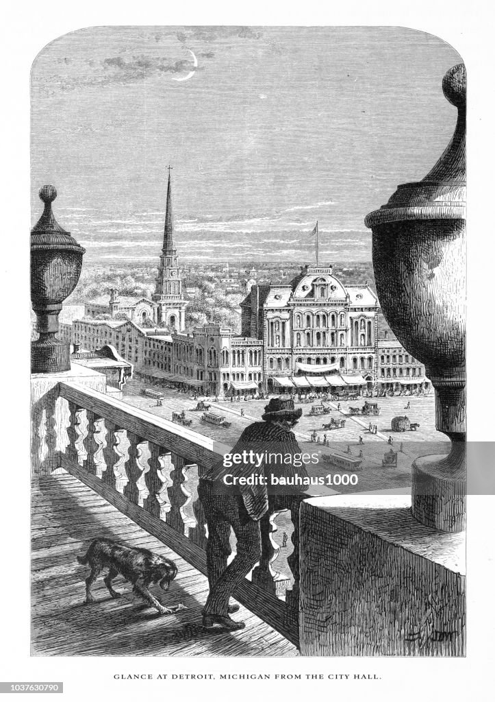 Glance of the City of Detroit, Michigan, United States, from the City Hall American Victorian Engraving, 1872