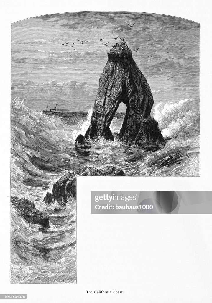 Coast of California, United States, American Victorian Engraving, 1872