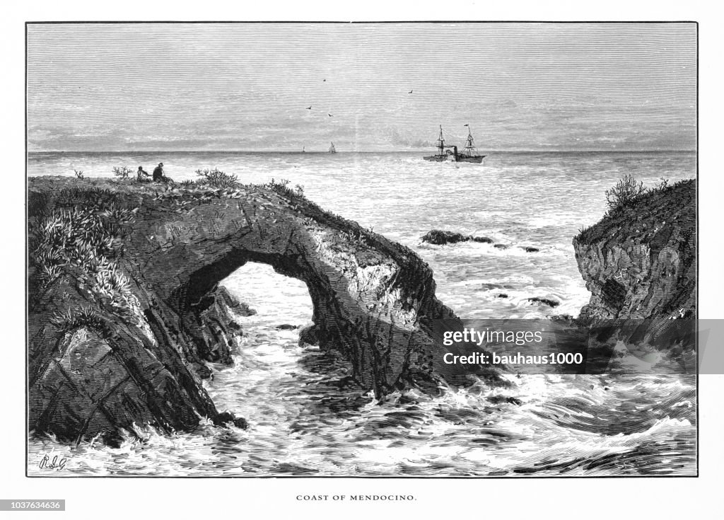 Mendocino on the Coast of California, United States, American Victorian Engraving, 1872