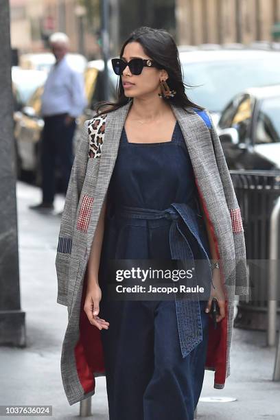 Freida Pinto is seen during Milan Fashion Week Spring/Summer 2019 on September 22, 2018 in Milan, Italy.