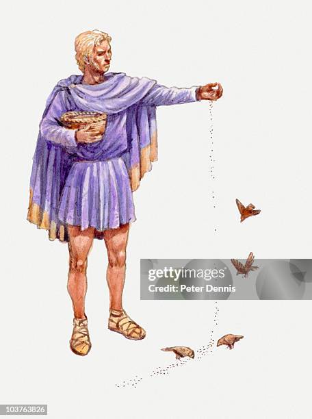 illustration of alexander the great feeding seeds to birds - alexander the great stock illustrations