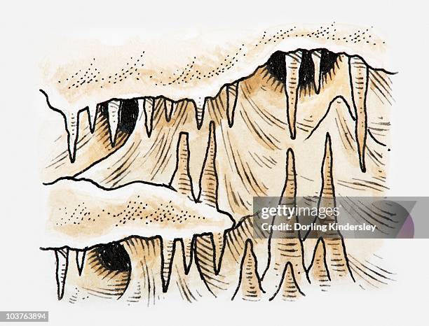 ilustrações de stock, clip art, desenhos animados e ícones de illustration of stalagmites and stalactites in cave - estalactite