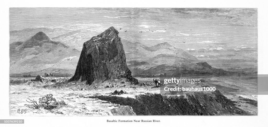 Basaltic formation Near the Russian River on the Coast of California, United States, American Victorian Engraving, 1872