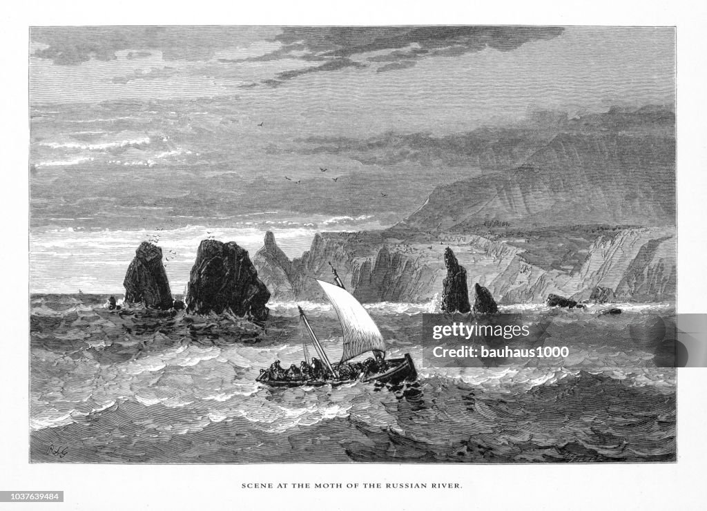 Scene at the Mouth of Russian River on the Coast of California, United States, American Victorian Engraving, 1872