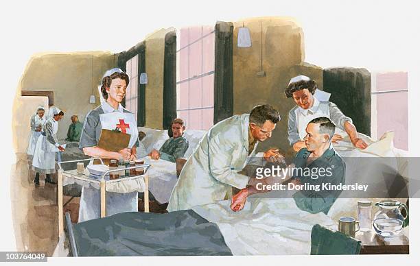 illustration of patient being given vaccination by doctor in hospital on ward as nurses look on - arts patient stock illustrations