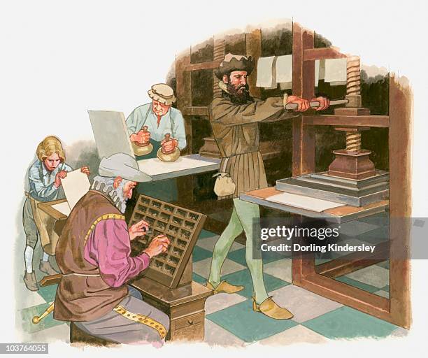 Typesetting Printing Illustration Of Early Typesetting And Printing High-Res Vector Graphic ...