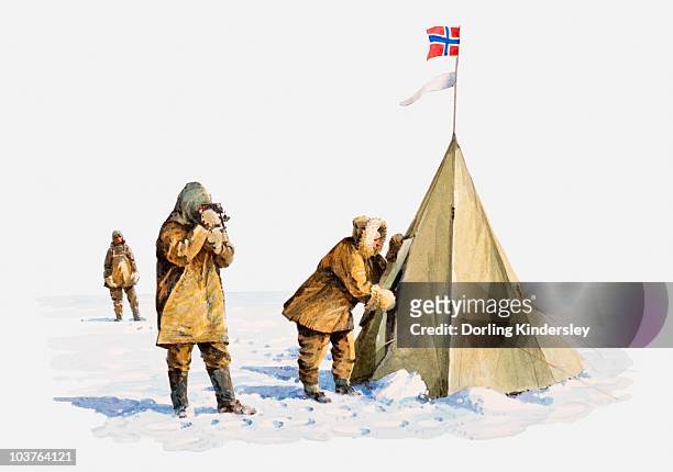 illustration of team of antarctic explorers outside tent with norwegian flag on top, marking it as roald amundsen's tent - antarctica 幅插畫檔、美工圖案、卡通及圖標