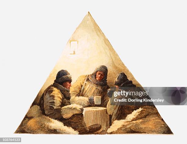 illustration of antarctic explorers inside tent - indoor tent stock illustrations