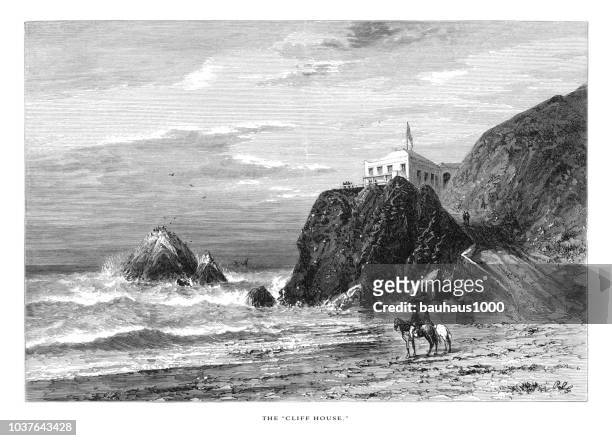 cliff house, golden gate on the coast of california, united states, american victorian engraving, 1872 - cliff house san francisco stock illustrations