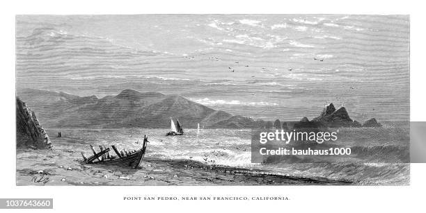 point san pedro near san francisco on the coast of california, united states, american victorian engraving, 1872 - los angeles beach stock illustrations