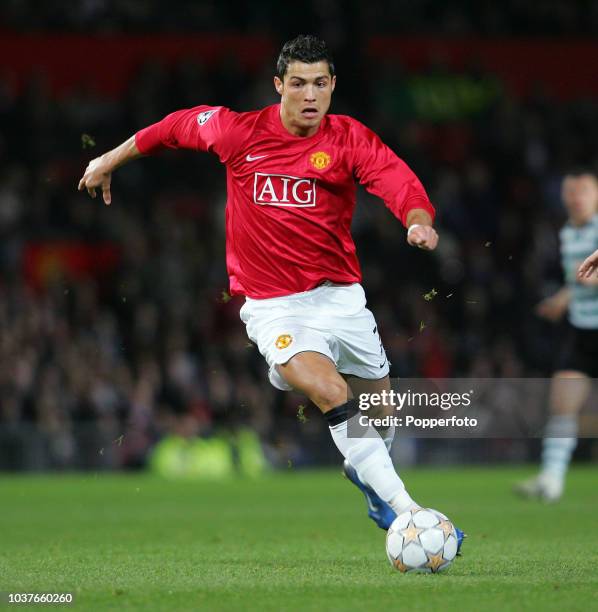 Cristiano Ronaldo of Manchester United in action during the UEFA Champions League match between Manchester United and Sporting Lisbon at Old Trafford...