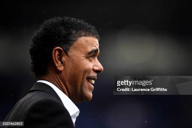 Pundit Chris Kamara looks on prior to the Premier League match between Leicester City and Huddersfield Town at The King Power Stadium on September...