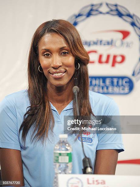 Former professional women's basketball player Lisa Leslie addresses the press during the Capital One Division 1 College Sports Award launch at The...