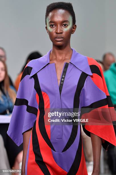 Model walks the runway at the Kiko Kostadinov Ready to Wear Spring/Summer 2019 fashion show during London Fashion Week September 2018 on September...