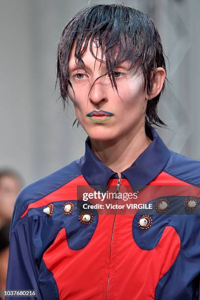 Model walks the runway at the Kiko Kostadinov Ready to Wear Spring/Summer 2019 fashion show during London Fashion Week September 2018 on September...