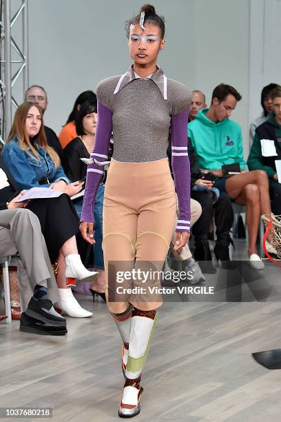 Model walks the runway at the Kiko Kostadinov Ready to Wear Spring/Summer 2019 fashion show during London Fashion Week September 2018 on September...