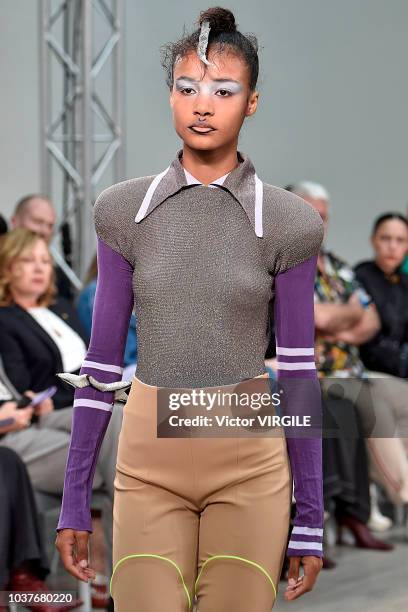 Model walks the runway at the Kiko Kostadinov Ready to Wear Spring/Summer 2019 fashion show during London Fashion Week September 2018 on September...