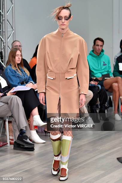 Model walks the runway at the Kiko Kostadinov Ready to Wear Spring/Summer 2019 fashion show during London Fashion Week September 2018 on September...