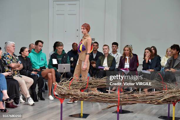 Model walks the runway at the Kiko Kostadinov Ready to Wear Spring/Summer 2019 fashion show during London Fashion Week September 2018 on September...