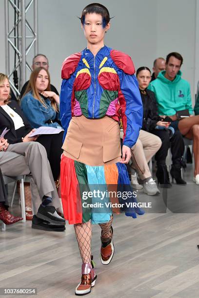 Model walks the runway at the Kiko Kostadinov Ready to Wear Spring/Summer 2019 fashion show during London Fashion Week September 2018 on September...