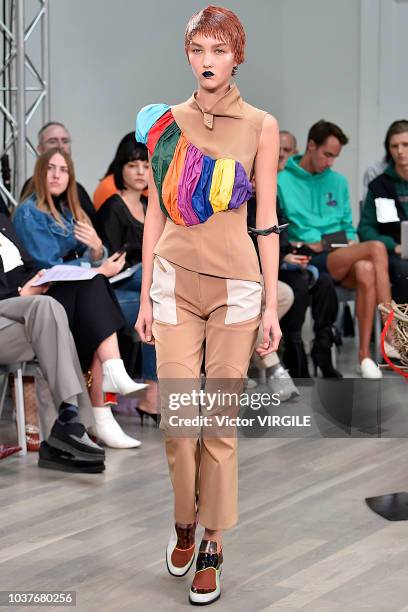 Model walks the runway at the Kiko Kostadinov Ready to Wear Spring/Summer 2019 fashion show during London Fashion Week September 2018 on September...