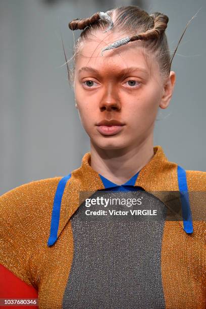 Model walks the runway at the Kiko Kostadinov Ready to Wear Spring/Summer 2019 fashion show during London Fashion Week September 2018 on September...