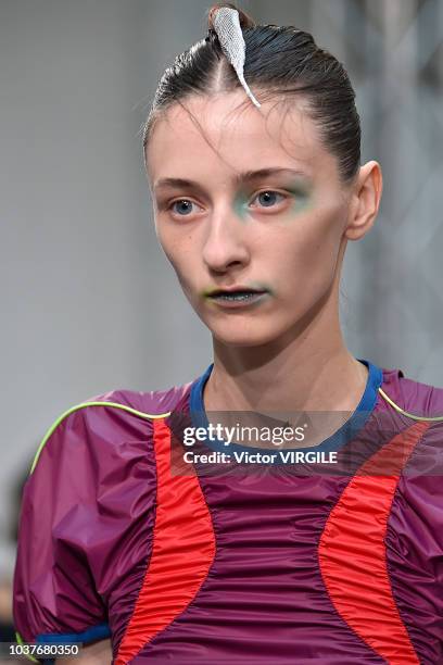 Model walks the runway at the Kiko Kostadinov Ready to Wear Spring/Summer 2019 fashion show during London Fashion Week September 2018 on September...