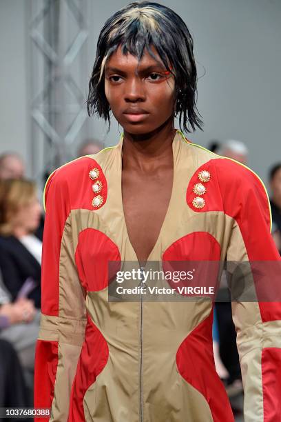 Model walks the runway at the Kiko Kostadinov Ready to Wear Spring/Summer 2019 fashion show during London Fashion Week September 2018 on September...