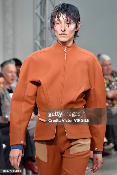 Model walks the runway at the Kiko Kostadinov Ready to Wear Spring/Summer 2019 fashion show during London Fashion Week September 2018 on September...