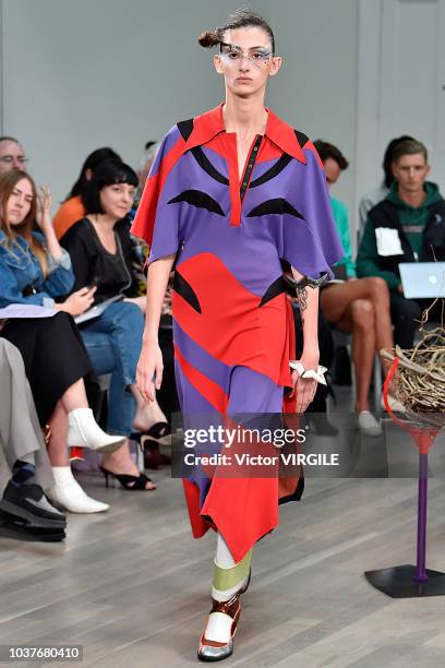 Model walks the runway at the Kiko Kostadinov Ready to Wear Spring/Summer 2019 fashion show during London Fashion Week September 2018 on September...