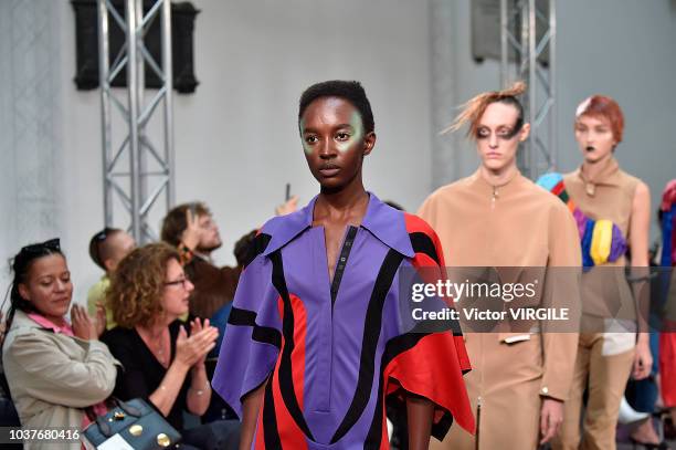 Model walks the runway at the Kiko Kostadinov Ready to Wear Spring/Summer 2019 fashion show during London Fashion Week September 2018 on September...