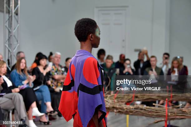 Model walks the runway at the Kiko Kostadinov Ready to Wear Spring/Summer 2019 fashion show during London Fashion Week September 2018 on September...