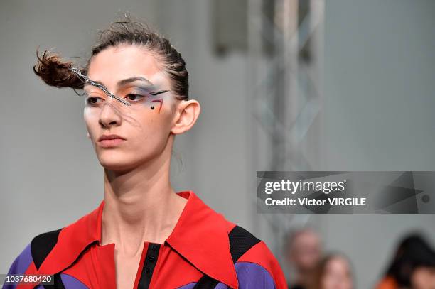 Model walks the runway at the Kiko Kostadinov Ready to Wear Spring/Summer 2019 fashion show during London Fashion Week September 2018 on September...