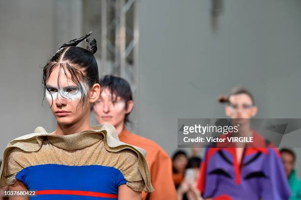 Model walks the runway at the Kiko Kostadinov Ready to Wear Spring/Summer 2019 fashion show during London Fashion Week September 2018 on September...