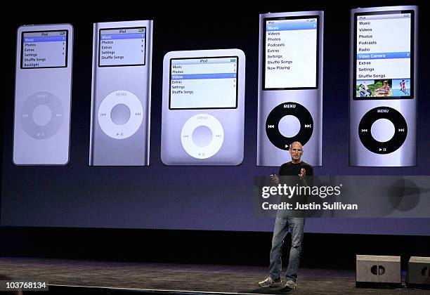 Apple CEO Steve Jobs prepares to announce a new line up of iPods as he speaks during an Apple Special Event at the Yerba Buena Center for the Arts...
