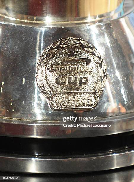 General view of the emblem on the Capital One Cup during the Division 1 College Sports Award launch at The Times Center on September 1, 2010 in New...