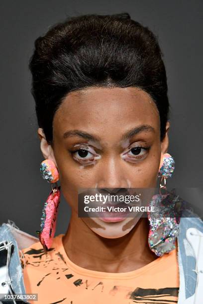 Winnie Harlow walks the runway at the Matty Bovan Ready to Wear Spring/Summer 2019 fashion show during London Fashion Week September 2018 on...